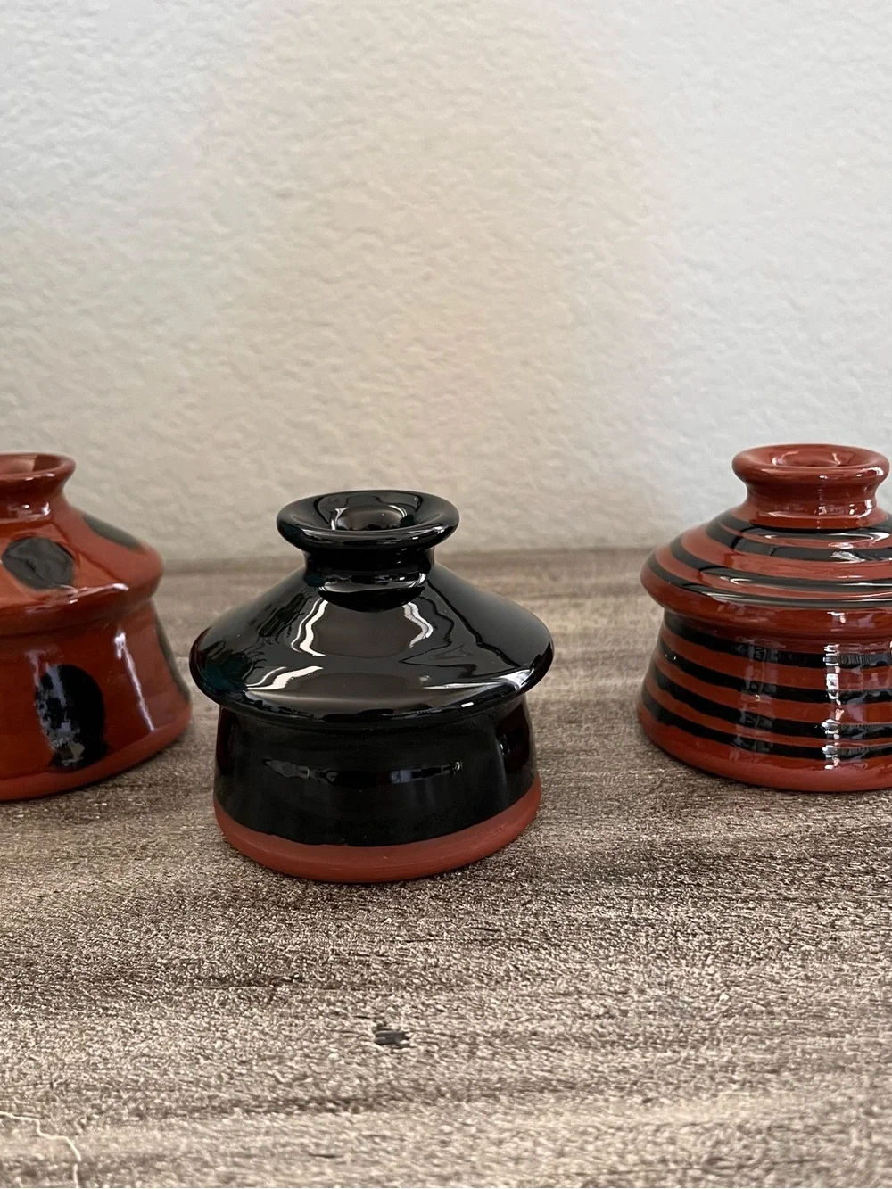 Set Of 3 Vintage Handthrown Redware Ceramic Inkwell or Vase Signed Nutt, MEL